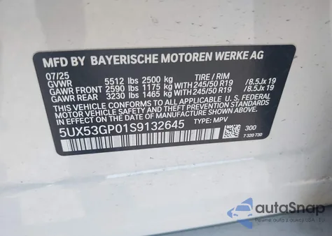 2025 BMW X3 30 xDrive z USA, uszkodzony, nr VIN 5UX53GP01S9132645